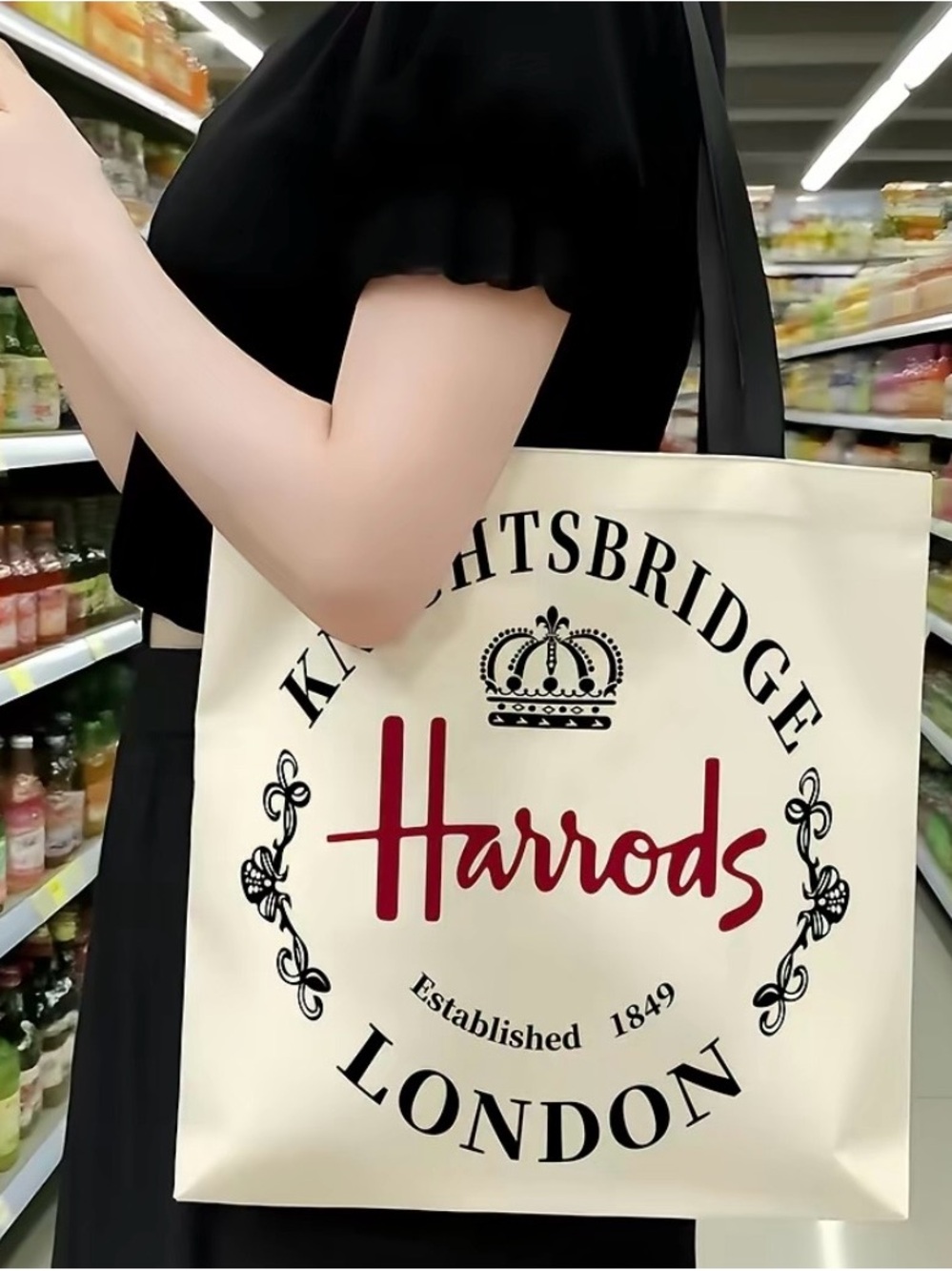 Harrods Cream Tote Shopping Bag with Black Straps and Red Logo - Picture 2 of 5